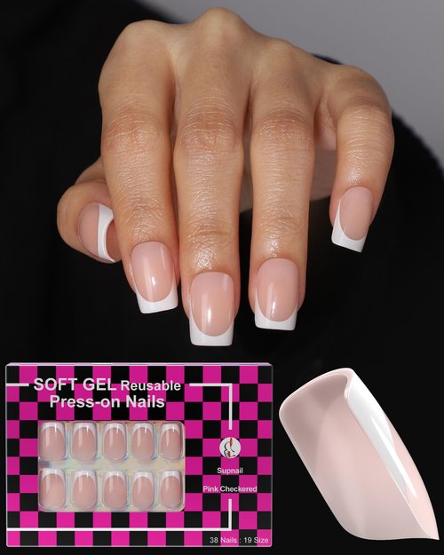 SUPNAIL Press on Nails,French tip Short Square, 19 Sizes, 38 Pieces,Fake Nails with Brush-on Glue & Adhesive Tabs (Classic French)