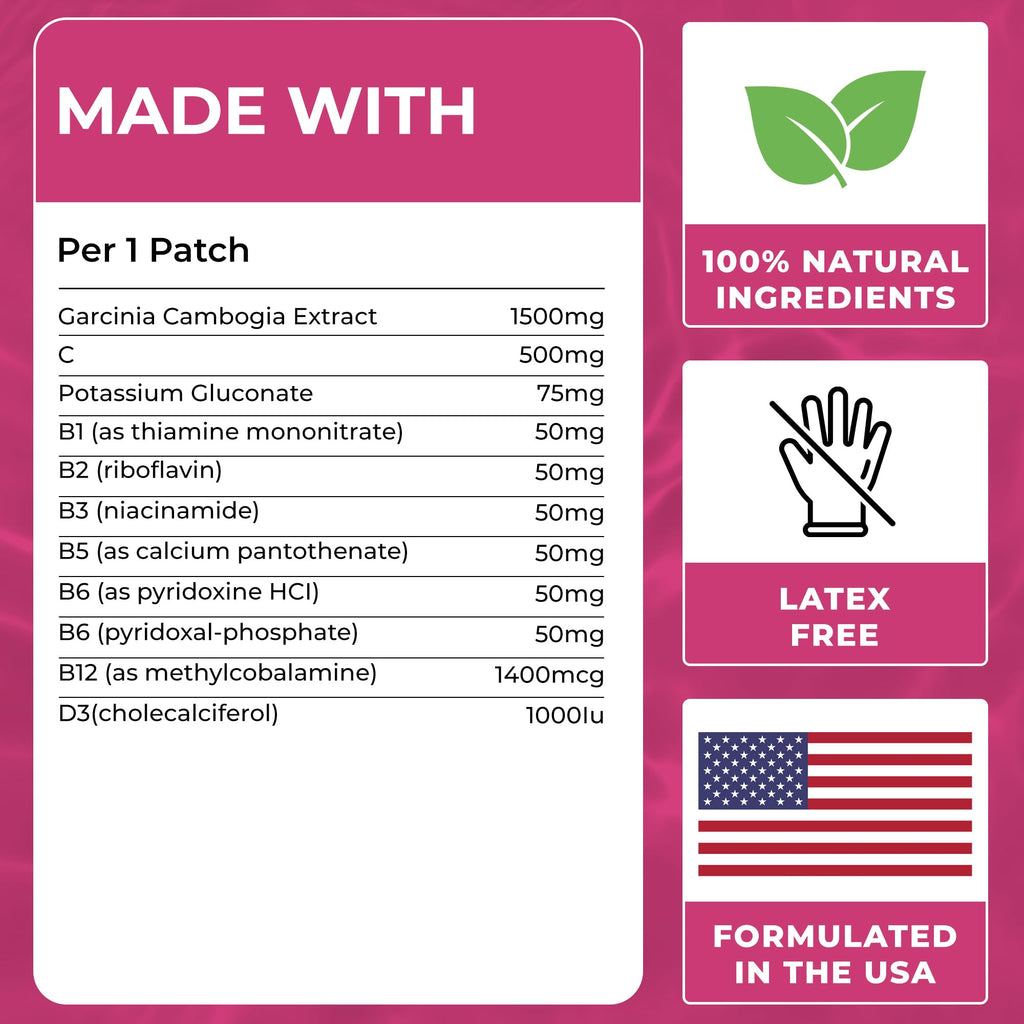 Garcinia Cambogia Patches (Pack of 60) - 100% Natural Patch for Women and Men - With B12 & Potassium - Energy, Focus & Body Support - Enhanced Formula