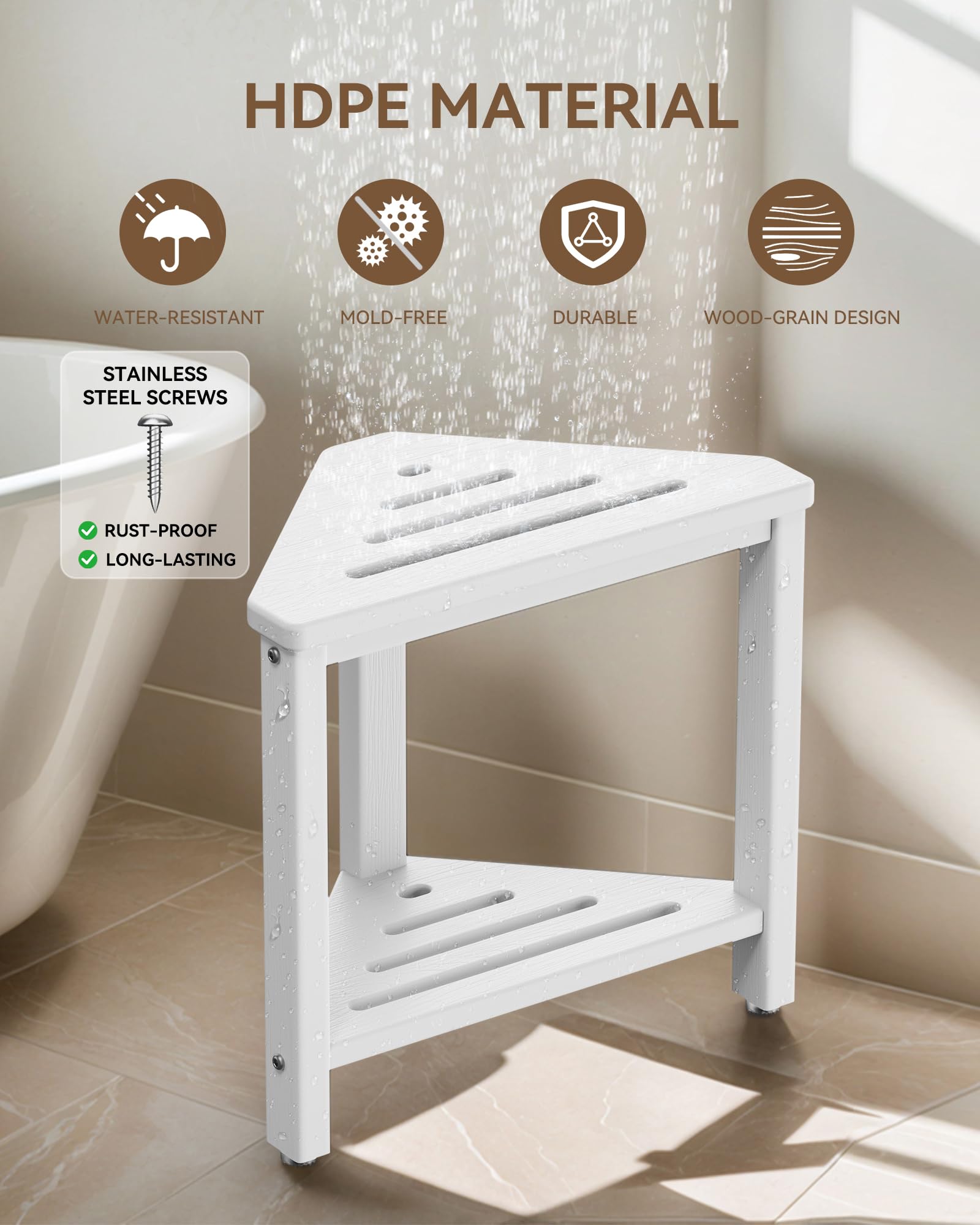 Shower Foot Rest 15in, HDPE Waterproof Shower Stool for Inside Shower, Corner Shower Stool for Shaving Legs with Storage Shelf for Small Space, Shower Step Stool, Plastic Corner Shower Bench, White
