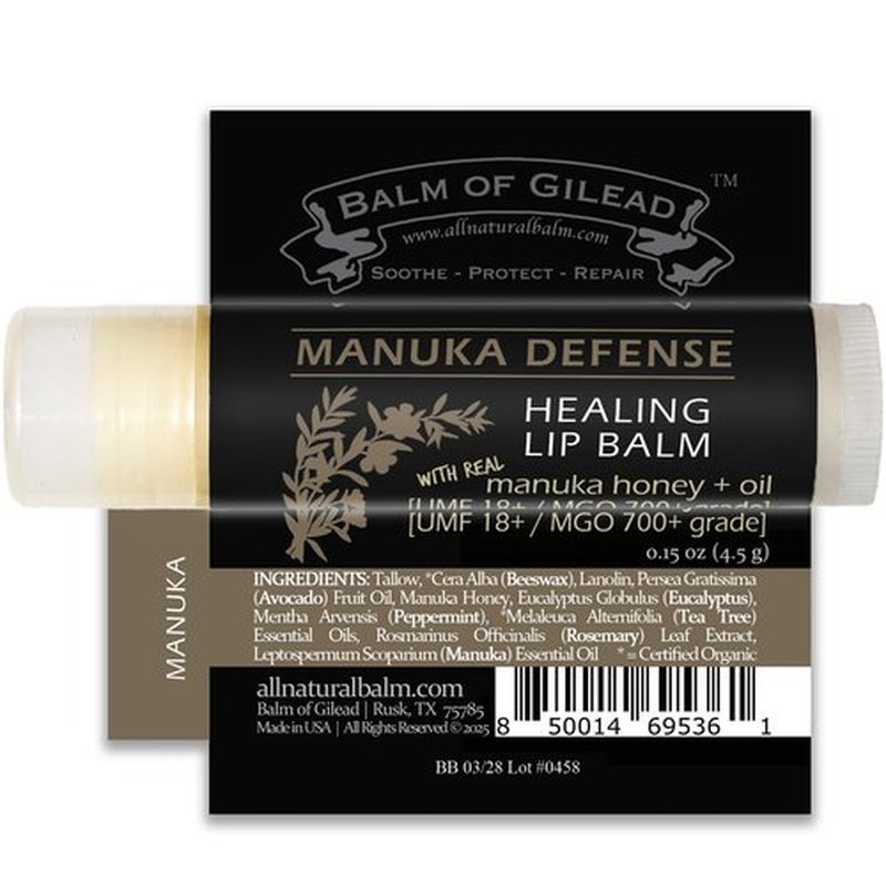 BALM OF GILEAD Manuka Defense Healing Lip Balm - Intensive Moisture Therapy in Tube w/Manuka, Tea Tree & Cooling Peppermint - Ideal for Chapped & Cracked Lips - Beauty Pack Of 4-0.15 oz
