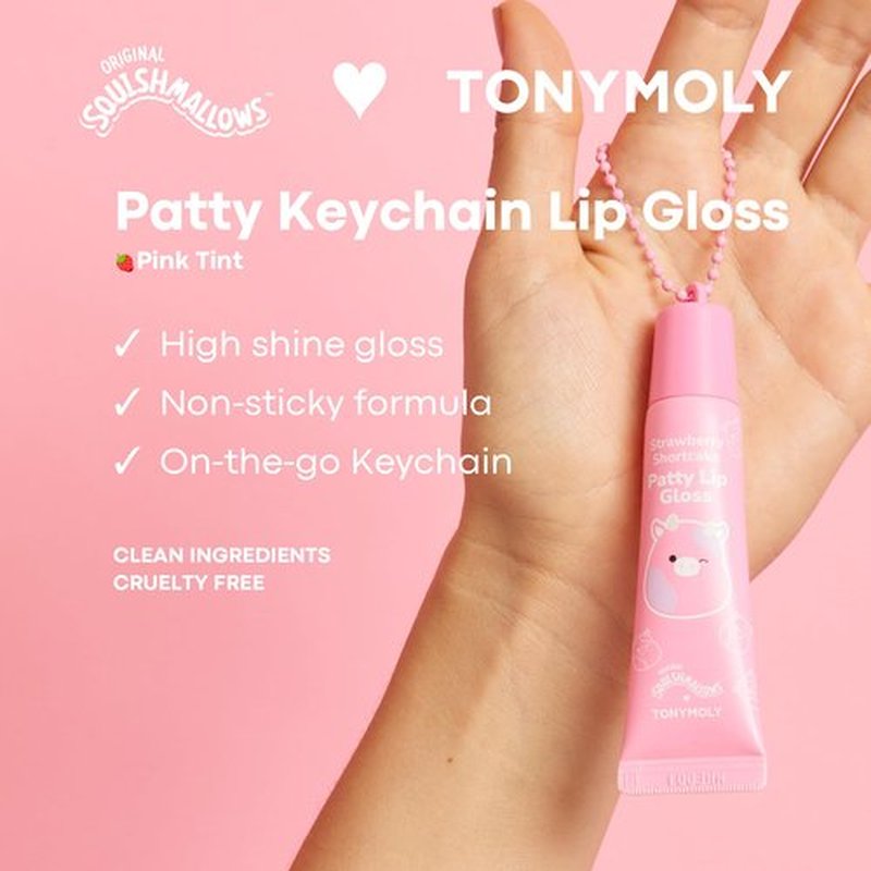 TONYMOLY x Squishmallows Patty Keychain Lip Gloss – Strawberry Shortcake Sheer Pink Gloss, Hydrating, Non-Sticky, High Shine, 11ml