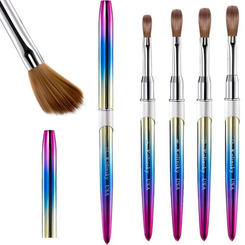 4 Pieces Kolinsky Acrylic Nail Brush Kolinsky Hair Bristles Round Shaped Handle Acrylic Brush Nail Brushes for Acrylic Application Nail Art Brush Nail Manicure Tool Size 6, 8, 10, 12