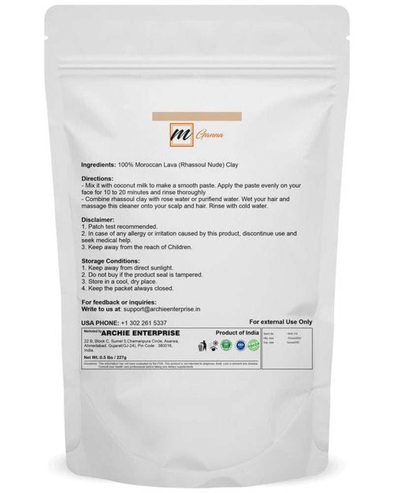mGanna 100% Natural Moroccan Rhassoul Clay Powder/Nude/Ghassoul Lava Clay Powder for Hair Masks, Creams, Face Masks, Scrubs and Soap Making 0.5 LBS / 227 GMS