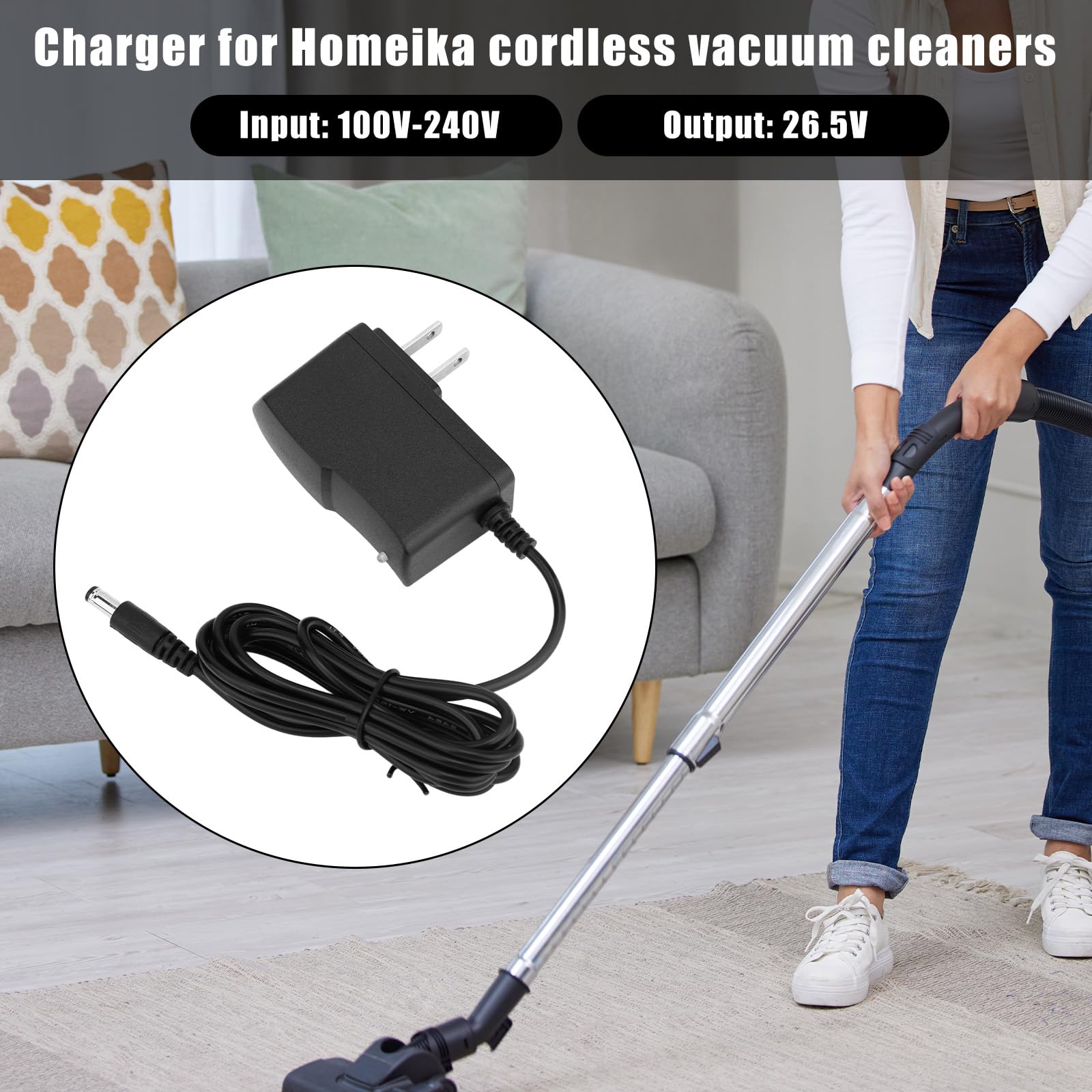 Cordless Vacuum Charger for H016 HA016, 26.5V Powerful Suction Replacement Charger Adapter Compatible with Homeika Stick Vacuum Cleaner Accessories & Parts (Black)