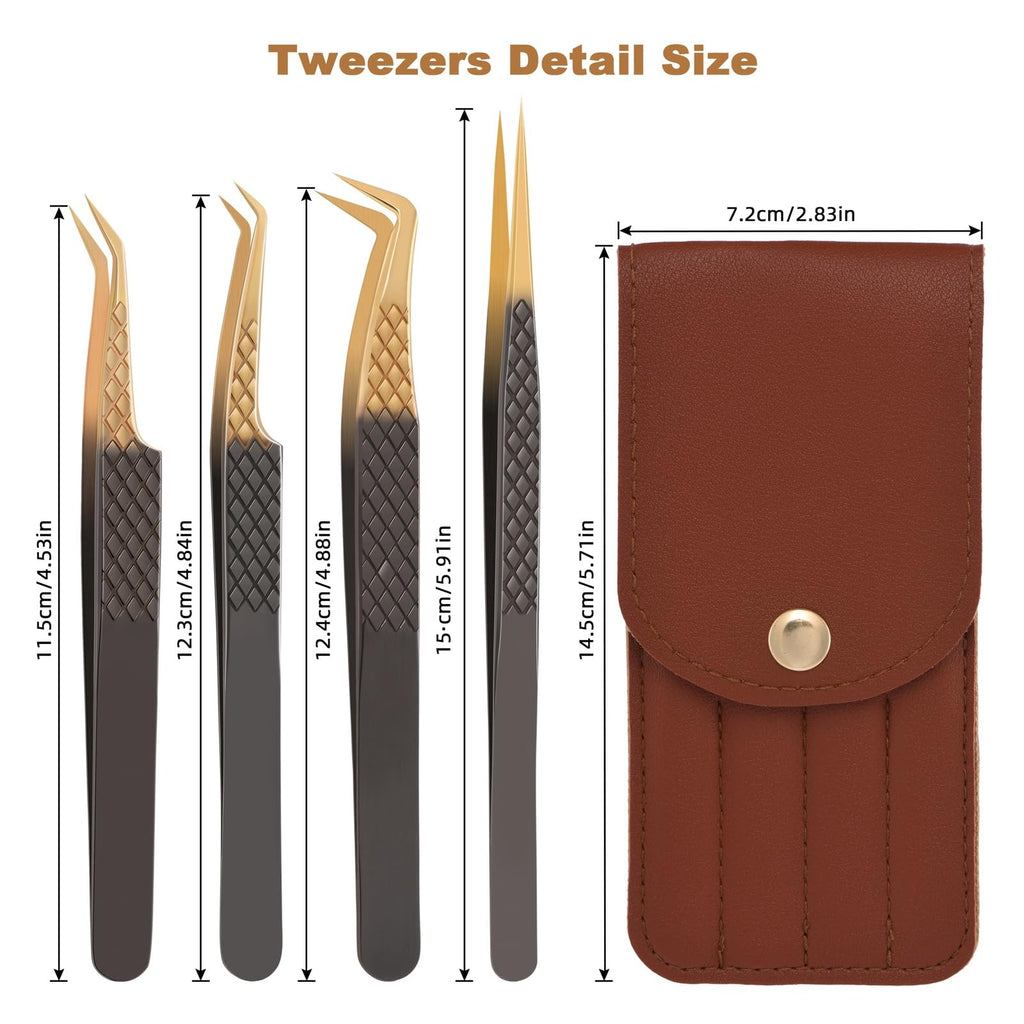 POCMKO Lash Tweezers for Eyelash Extension, Set of 4 Lash Extension Tweezers with Diamond Grip, High Precision Eyelash Tweezers Set for Volume & Classic Lashes