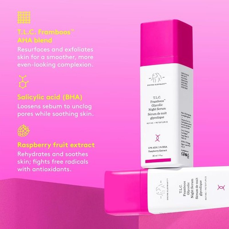 Drunk Elephant T.L.C. Framboos Glycolic Serum - Exfoliating AHA for Radiant Skin - 1 oz, Cruelty-Free