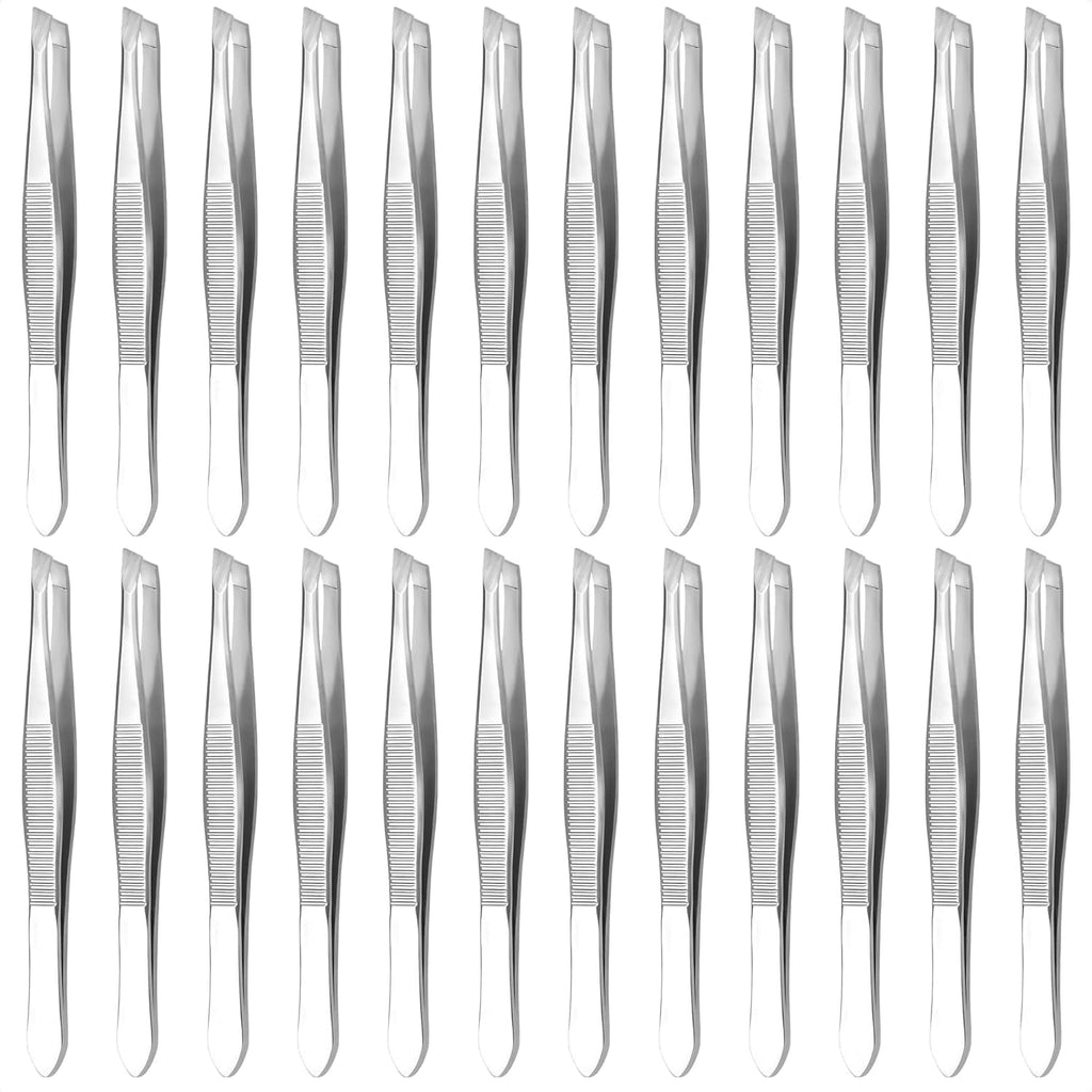 24 Pcs Bulk Tweezers, 3.5 In Stainless Steel, Slanted Tips