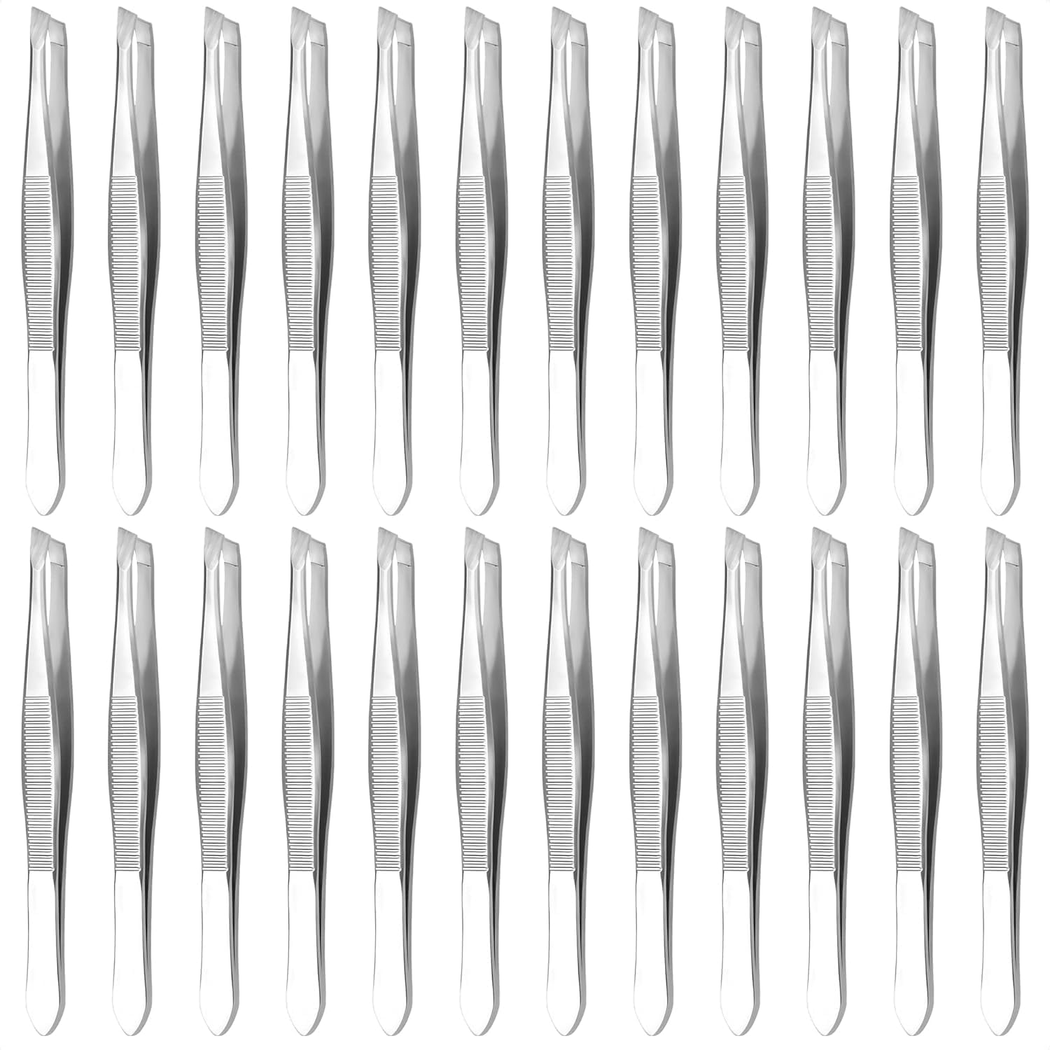 24 Pcs Bulk Tweezers, 3.5 In Stainless Steel, Slanted Tips