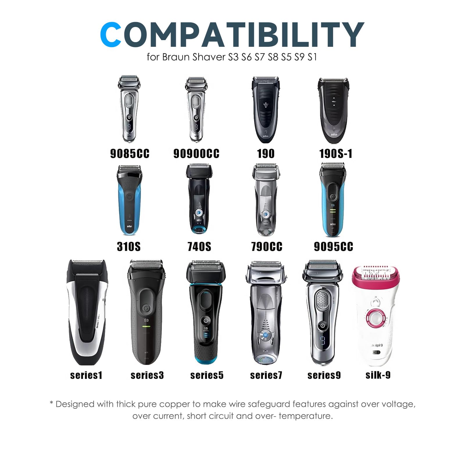 12V Charger Compatible with Braun Shaver S3 S6 S7 S8 S5 S9 S1 Series 1 3 5 6 7 8 9 310 340 3040s 390cc 790cc 9577cc 9517s 7085cc Wall Power Adapter Charging Cord Cable for Braun Electric Razor Trimmer