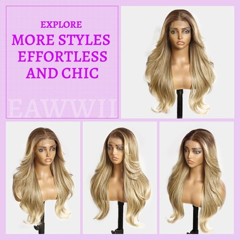 Eawwii 13x4 HD Lace Front Glueless Wigs for Women Ombre Blonde Long Layered Wave Wig Natural Hairline Heat Resistant Synthetic for Daily Use Beginner Friendly 26 Inch