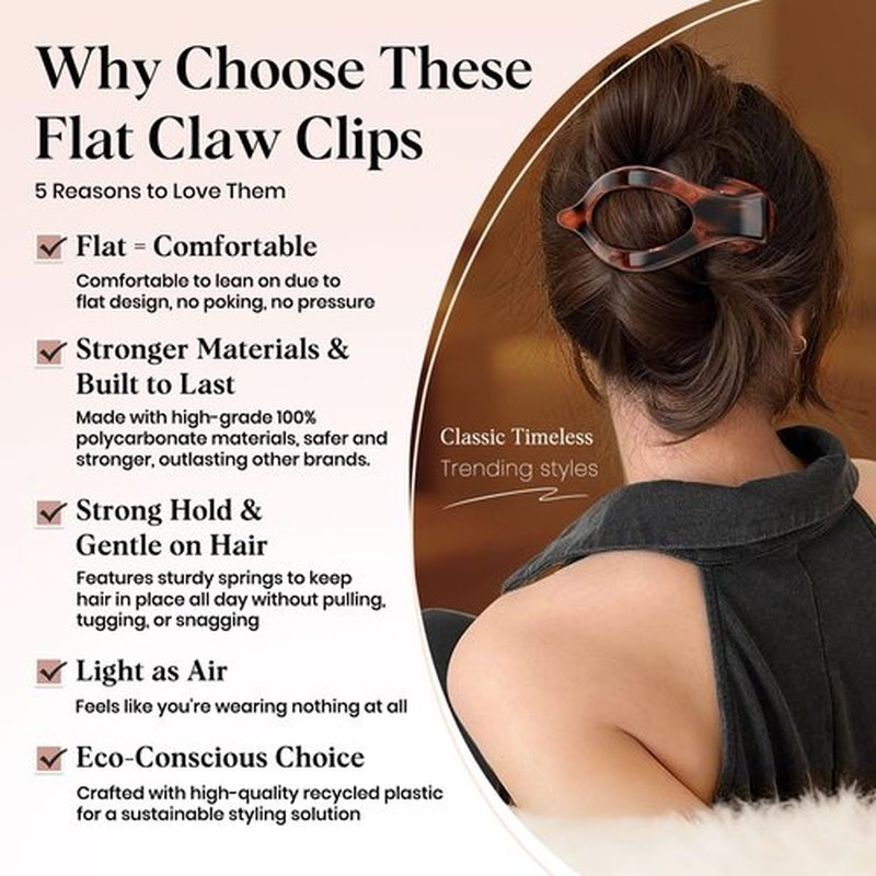 Oeusnael 4 PCS Large Flat Hair Clips for Women Girls, French Concord Lay Down Claw Clips for Thick Thin Hair, Comfortable Curved Flat Clip, Leopard Print Stylish Strong Hold Hair Accessories, Tortoise