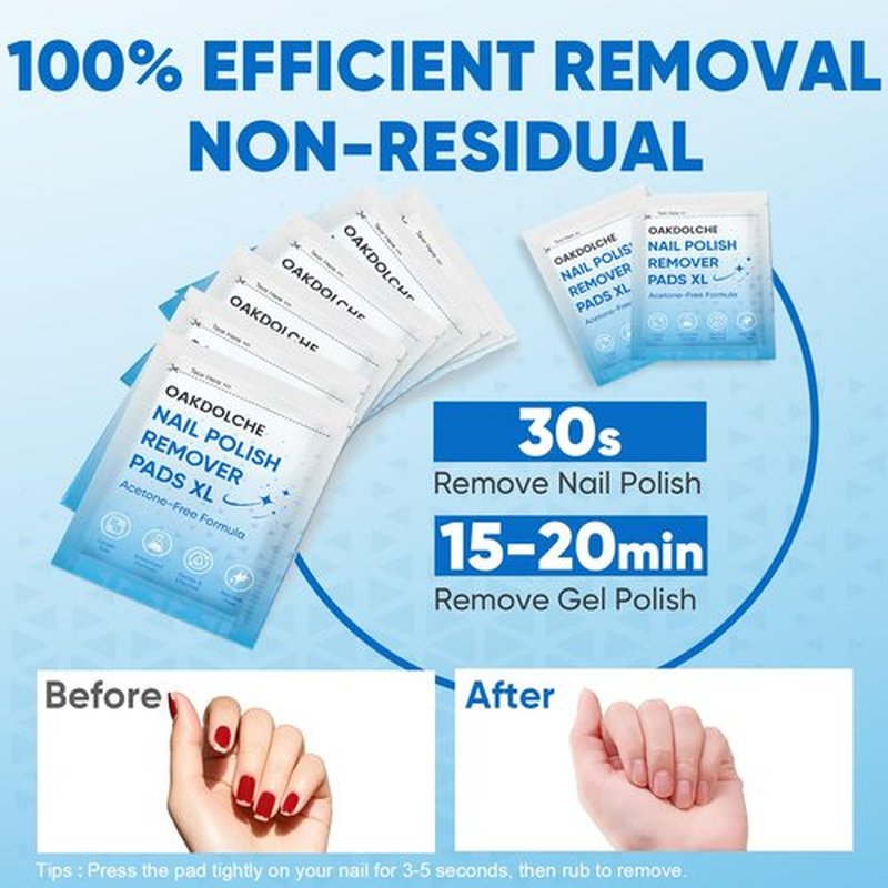 OAKDOLCHE Extra Large Nail Polish Remover Pads(12×12cm), Acetone-free Nail Polish Remover Wipes, Easily & Quickly, Professional Individually Wrapped Wet Wipes for Home & Salon Supplies, 80 PCS