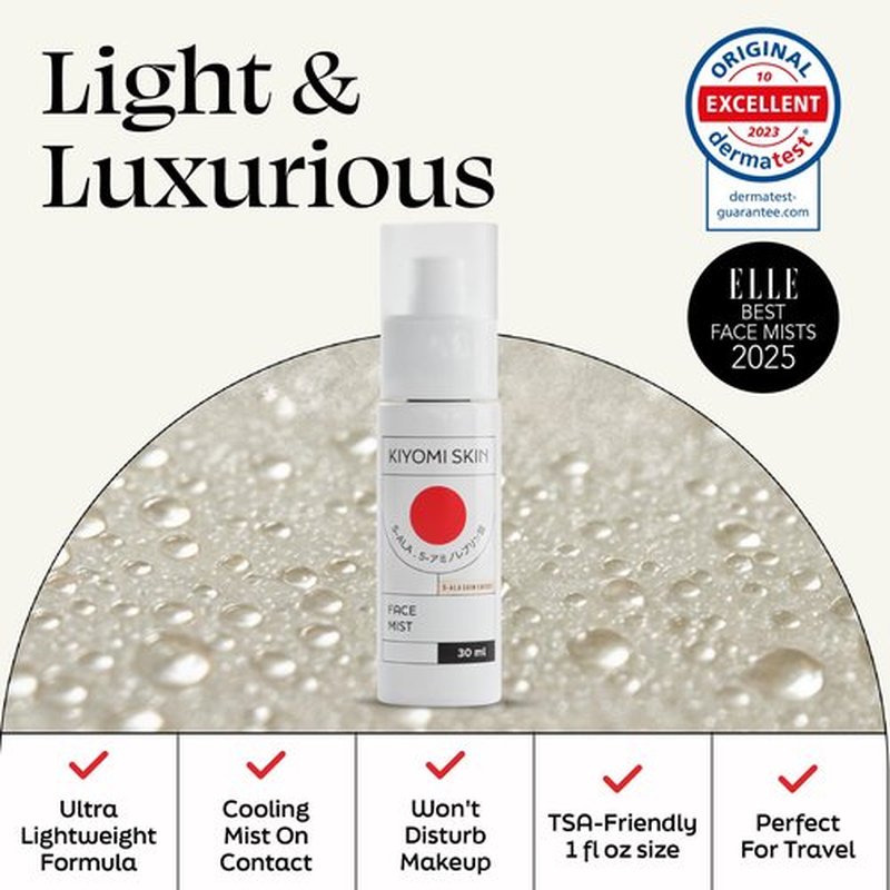 Kiyomi Skin Travel Face Mist Spray - Portable Facial Moisturizer with 5-ALA, Hyaluronic Acid, Green Tea, Lavender - TSA-Friendly Hydrating Mist for On-the-Go Refreshment - Made in Germany - 1 Fl Oz
