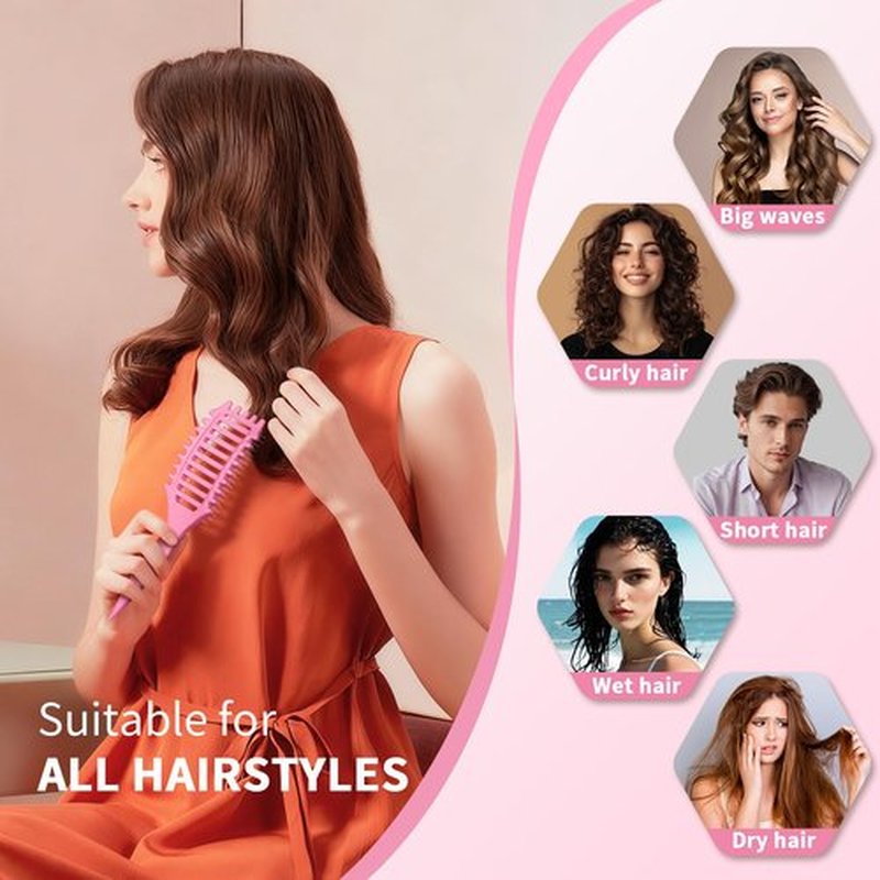 Curly Hair Brush for Women & Men, 4-in-1 Curl Defining & Detangling Brush – Anti-Frizz Anti-Static Styling Brushes with Crescent Shape & Ultra-Smooth Bristles, Wet Dry Hairbrush (Pink)