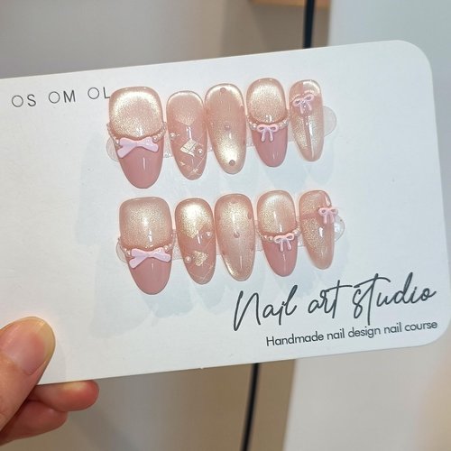TENPAL Cute Sweet Handmade Press on Nails Almond,Ballet Butterfly Cat Eye Nude Pink Ombre French Tips Fake Nails with Tools, Reusable Spring Polka Dot Bow Pearl False Nails for Women 10pcs(M)