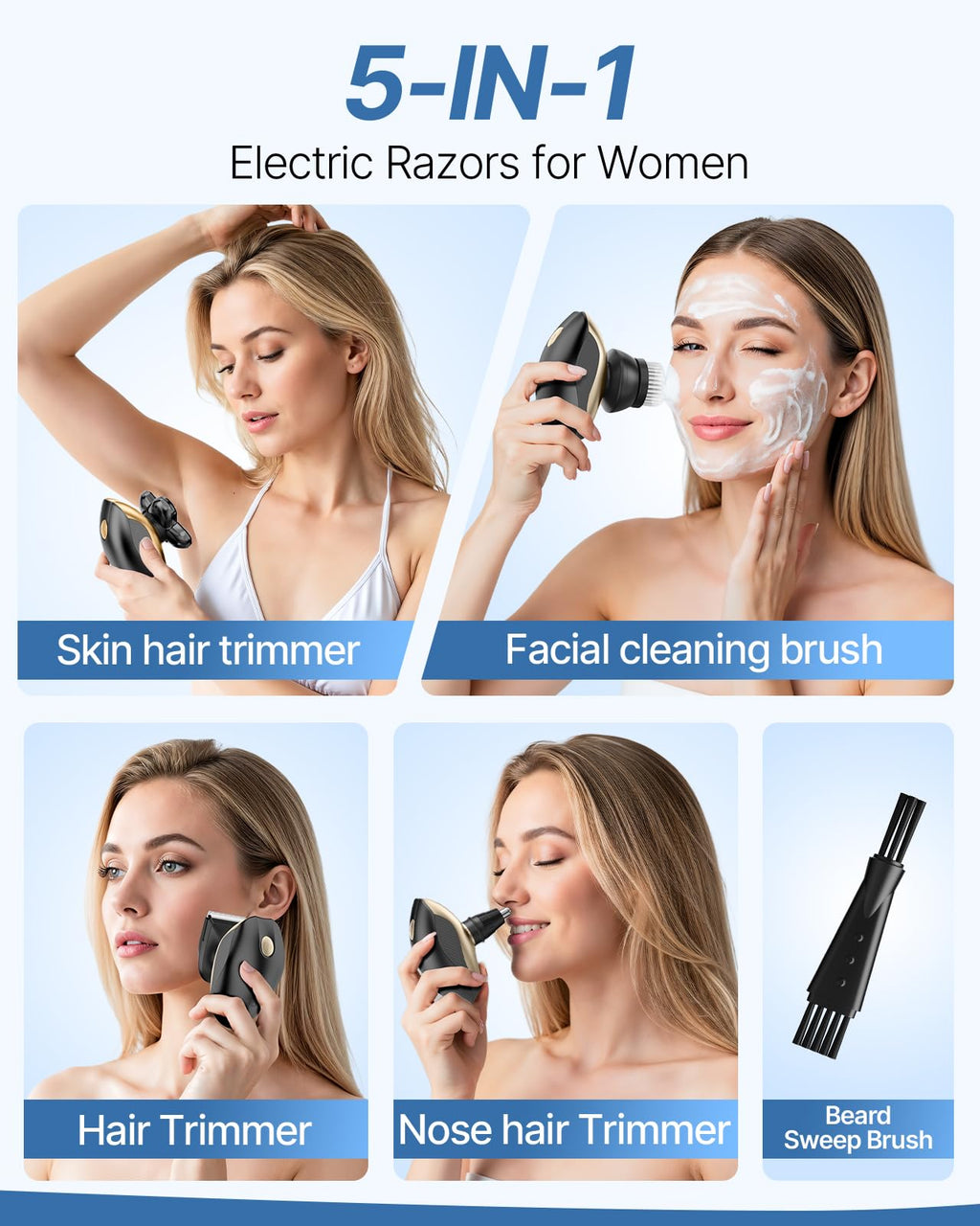 Electric Razors for Women, 5-in-1 Rechargeable Body Shaver - Waterproof Wet Dry Hair Remover - Trimmer for Lady Face Underarms Bikini,Lips,arms, Legs