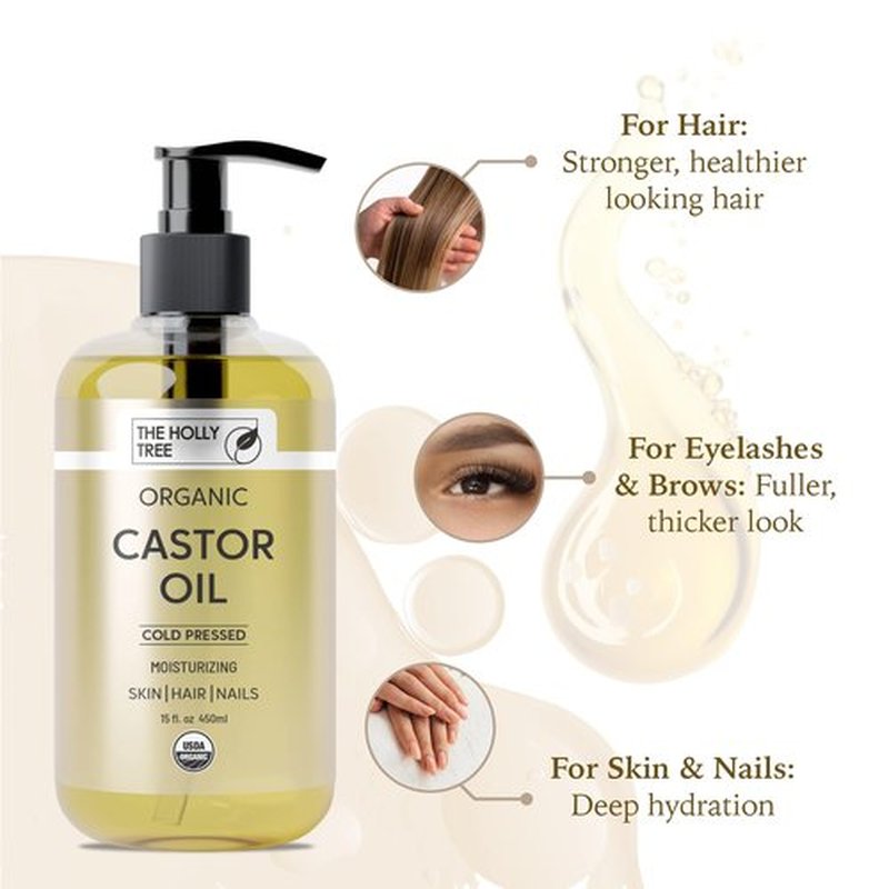 Organic Castor Oil - Cold Pressed 15 fl oz - 100% Pure & Hexane Free - Castor Oil for Hair Growth - Moisturizing & Nourishing - For Face & Body - The Holly Tree