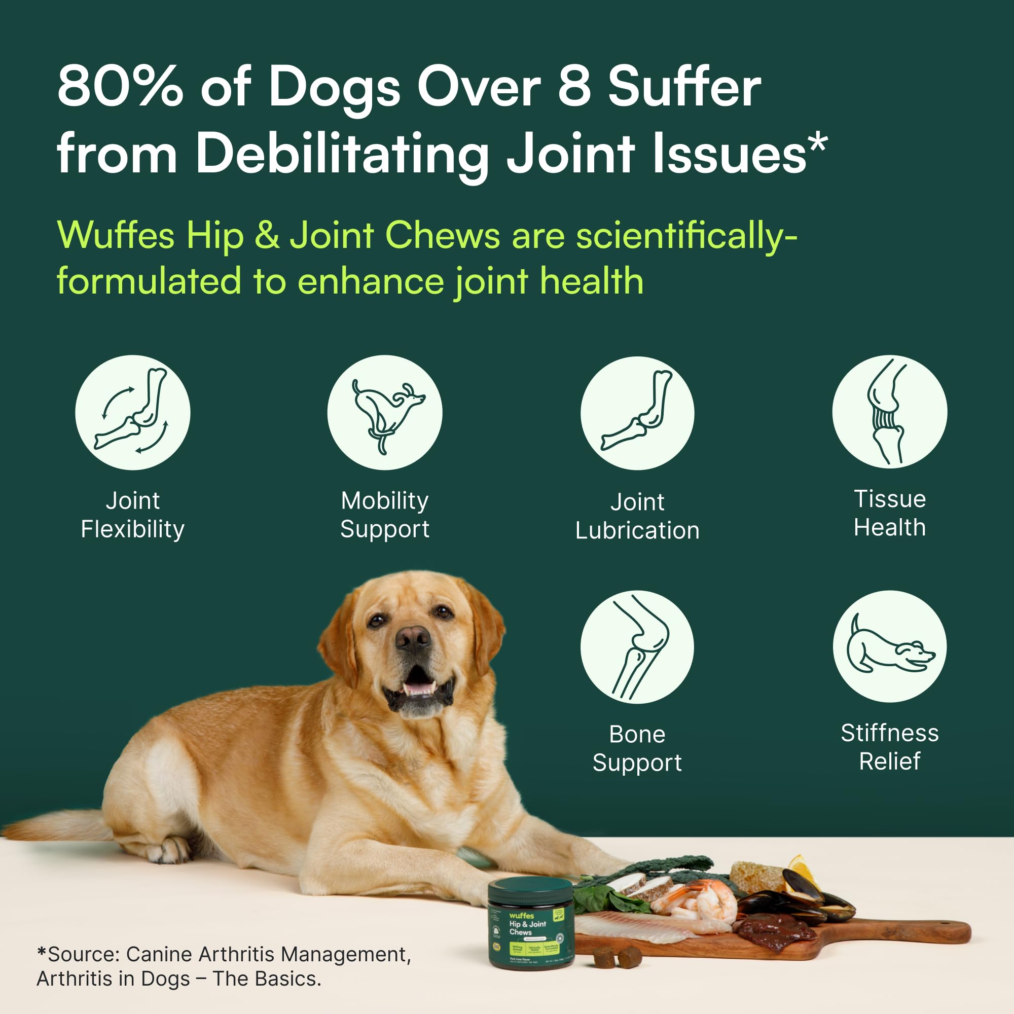 Wuffes Advanced Dog Hip and Joint Supplement with Glucosamine, Chondroitin, Omega 3, MSM, and Green Lipped Mussel, 30 Pork Flavored Chews for Large Dog Breeds
