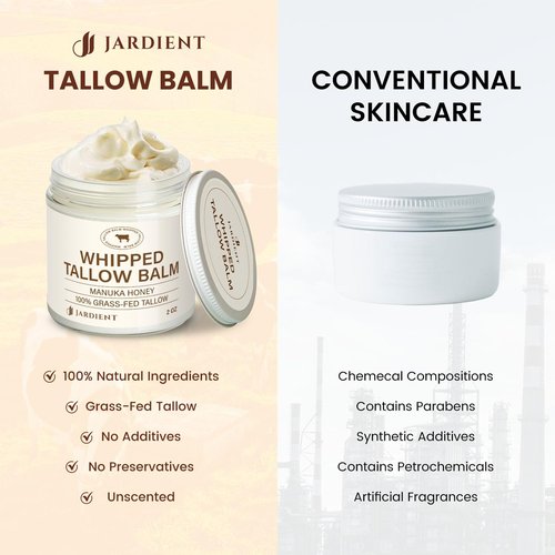 Jardient Beef Tallow Honey Balm for Skin: 100% Grass-Fed Beef Tallow Moisturizer For Face and Body - Organic Moisturizer Cream with Olive Oil Manuka Honey for Eczema and Dry Skin 2OZ
