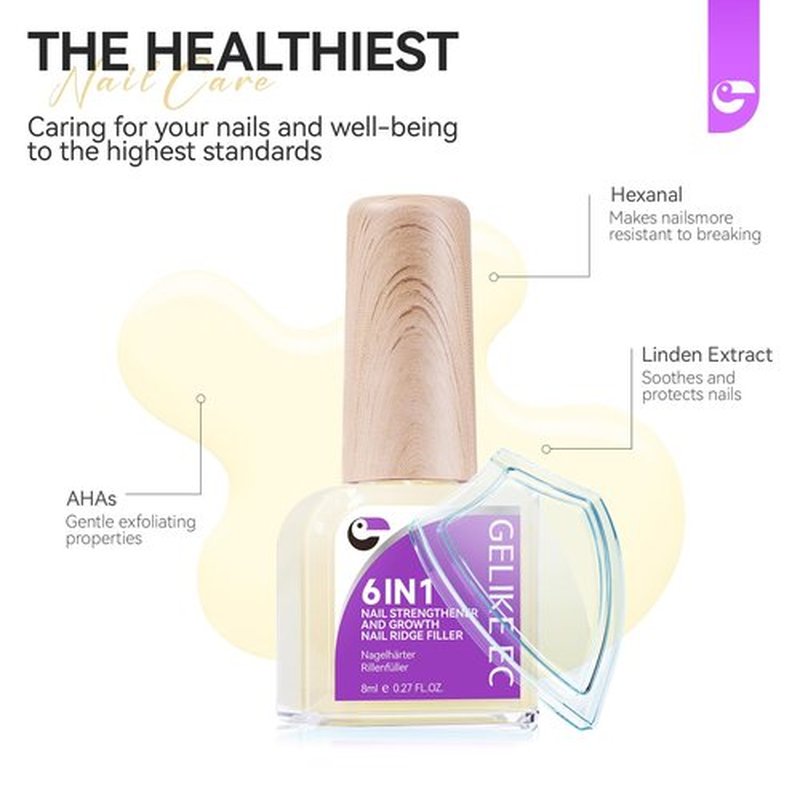 Nail Polish Strengthener and Growth Treatment: Yellow Gelike EC 6 in 1 Natural Nail Hardener Extra Strong and Growth - Long Lasting Nail Repair for Damaged Nails - For Daily Work Home Salon
