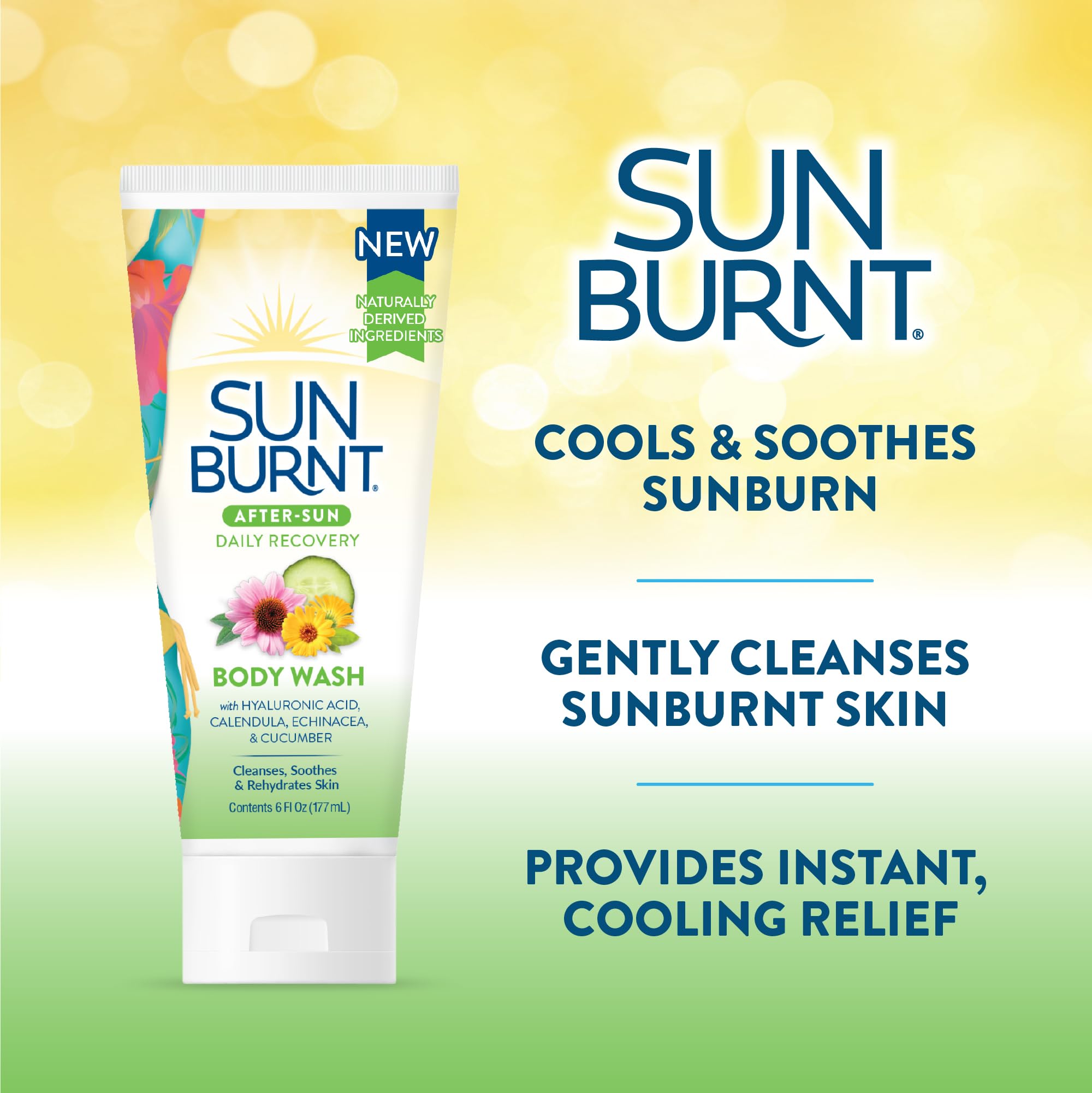 Sunburnt After Sun Body Wash – Cooling Cleanser with Hyaluronic Acid, Calendula, Echinacea & Cucumber – Soothes Sunburn, Hydrates & Calms Skin – Sulfate & Paraben Free, 6 oz