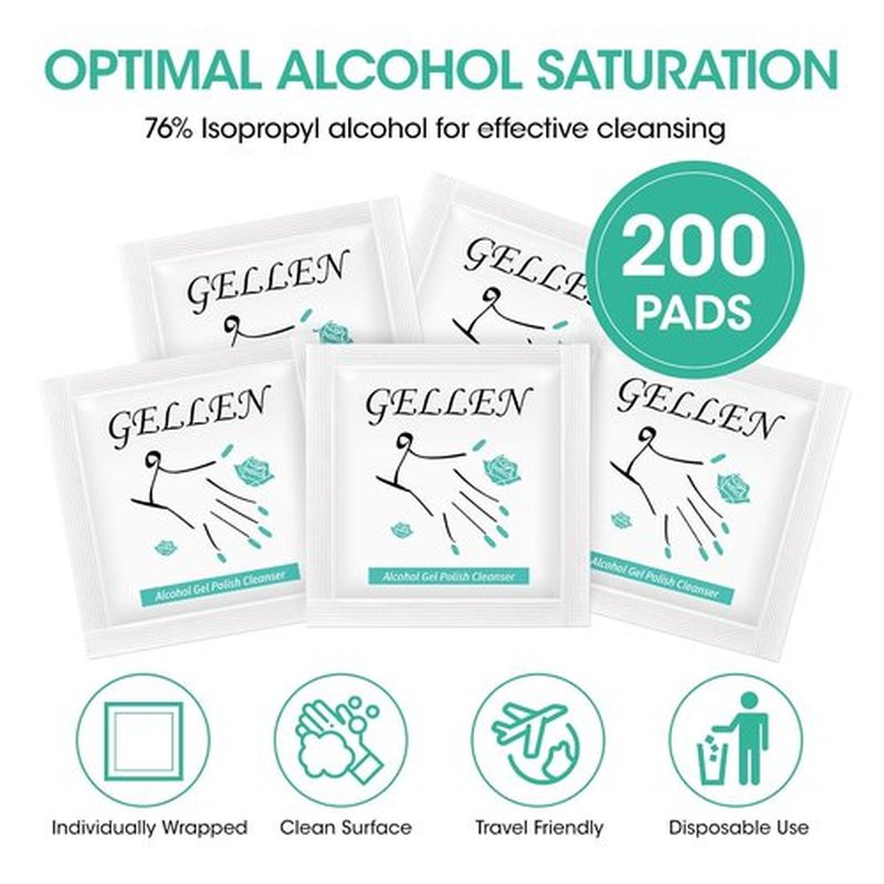 GELLEN Nail Cleanser Pads - 200 Pack Alcohol Prep Wipes for Tacky Residue Removal | Lint-Free & Travel-Friendly