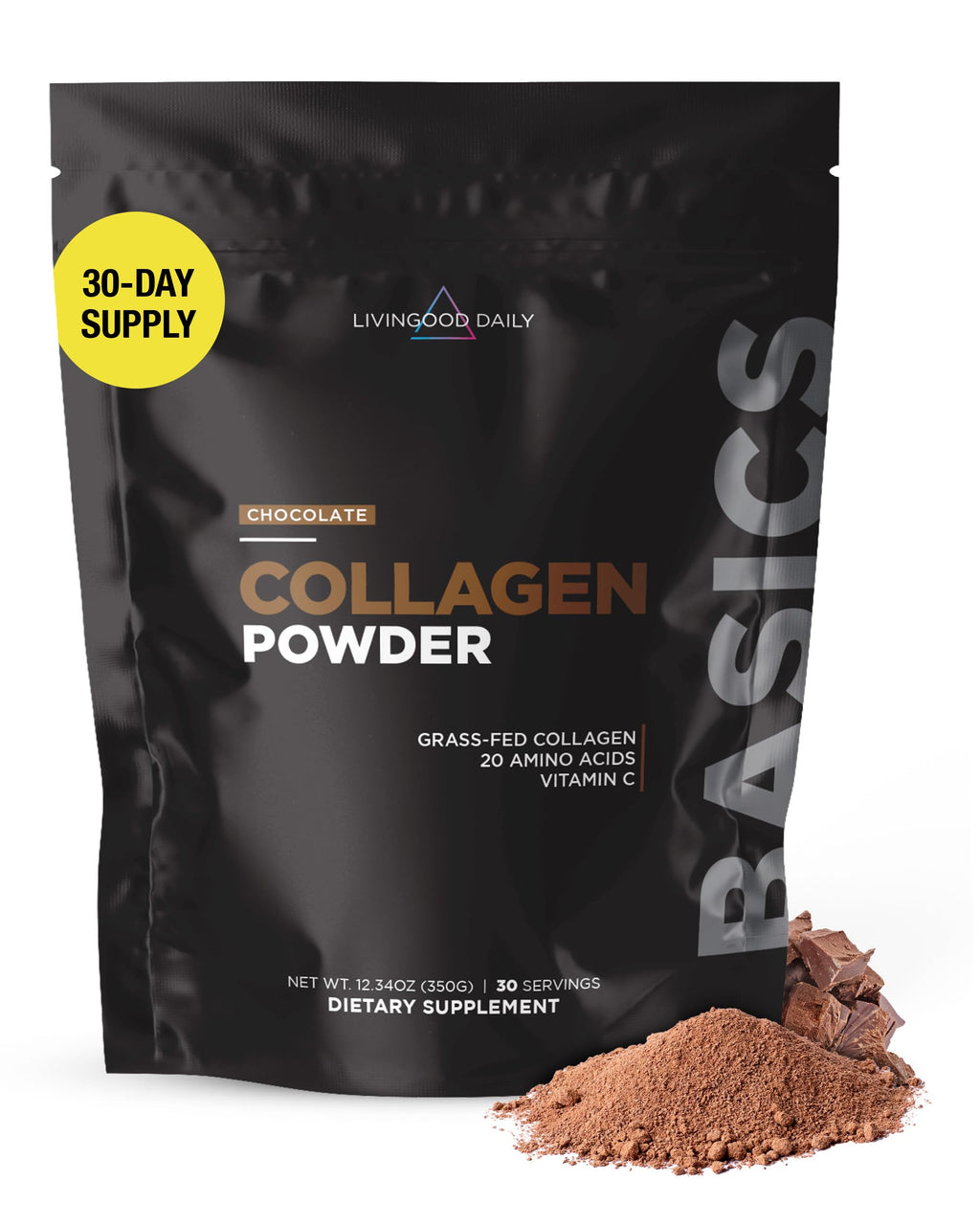 Livingood Daily Chocolate Collagen Powder for Women & Men, Hydrolyzed Collagen Peptides Powder with Vitamin C, Protein with 20 Amino Acids, Type I & III, Grass Fed, Keto, Paleo, Gluten Free, 30 Srvgs