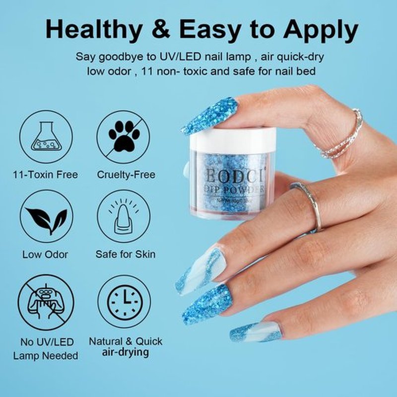 Eodci 12 Pcs Dip Powder Nail Kit Starter, 6 Colors Glitter Blue Snow Dipping Powder Kit With Base & Top Coat/Activator/Brush Saver, Nail Art Manicure Salon DIY for Daily at Home Party Gifts for Women