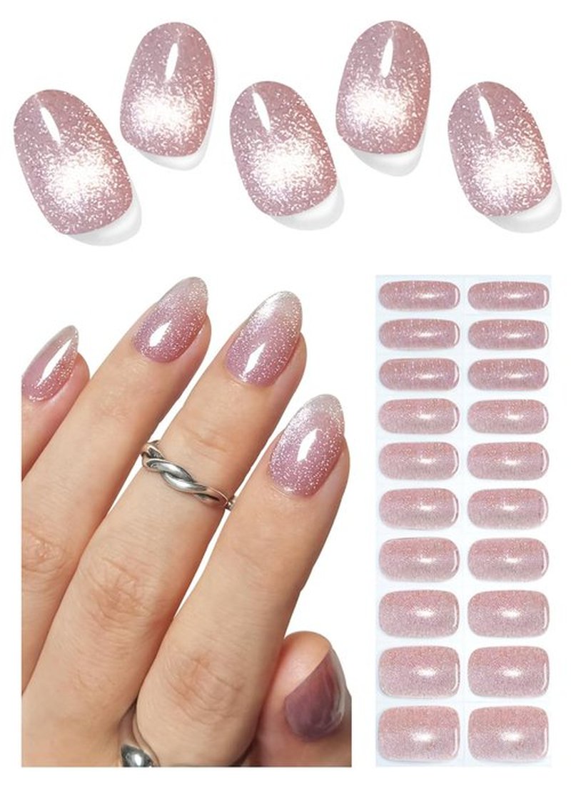 Semi Cured Gel Nail Strips, Cat Eye 20pcs Adhesive UV Sticker, Wraps for Home Manicure DIY