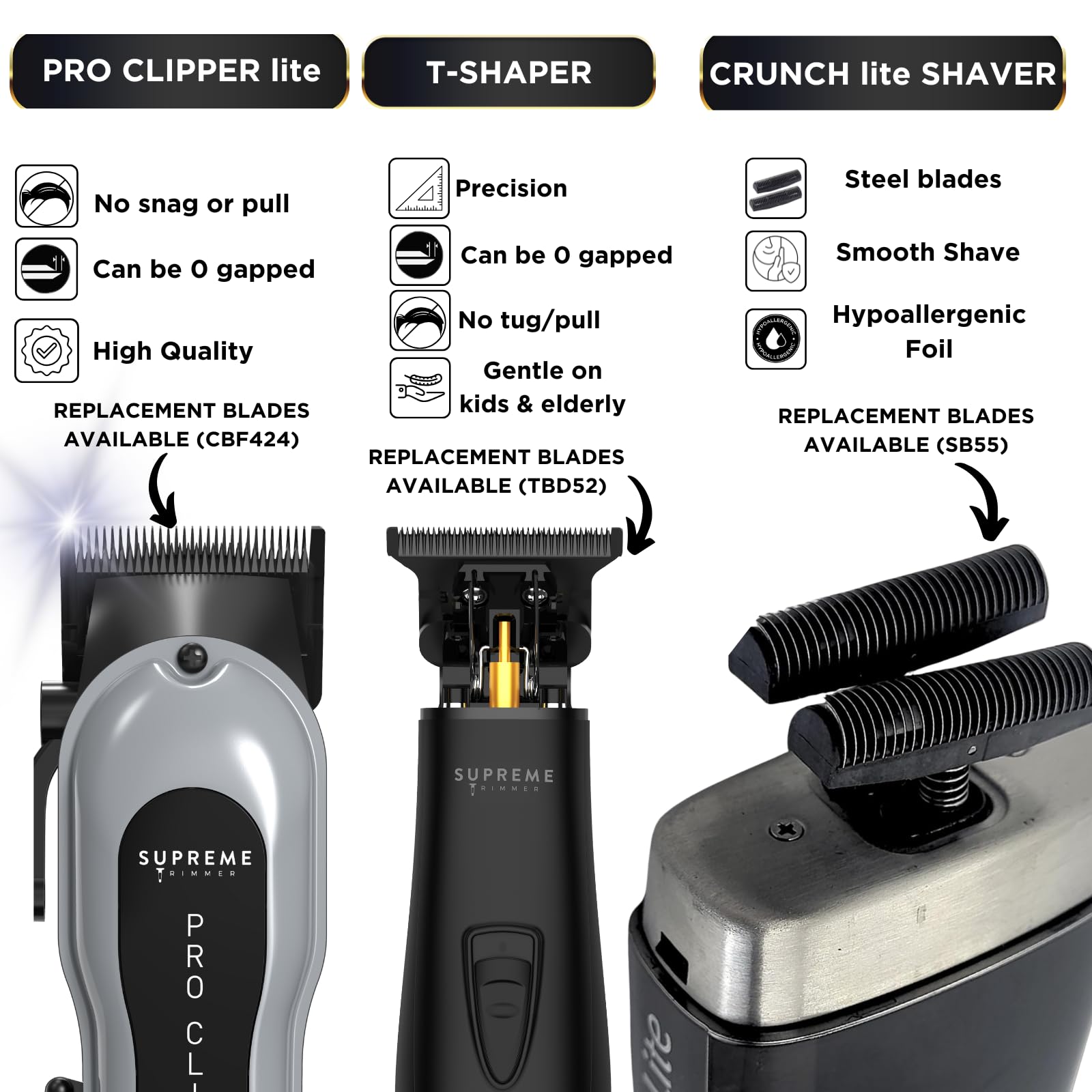 Supreme Trimmer 3-in-1 Barber Bundle | Pro Clipper Lite, DLC T-Shaper Trimmer, Crunch Lite Foil Shaver | Professional Beard Trimmer/Clipper Kit | Value Bundle 1