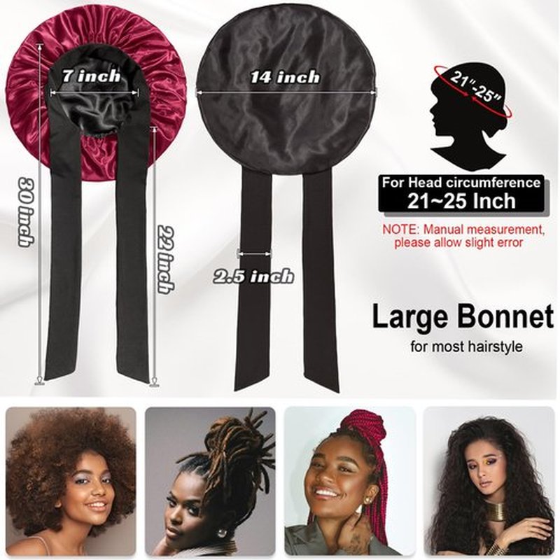 Double Layered Silk Satin Bonnet with Tie for Sleeping Black Women, Wide Band Large Hair Wrap Sleep Cap Bonnet for Curly Hair Braid, Black Wine-Red