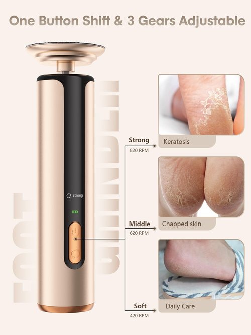 KIUCID 2 in 1 Electric Foot Callus Remover with USB Rechargeable, 3 Speeds & Sandpaper Discs for Cracked Heels Feet Care at Home - Perfect Pedicure Tool for Women, Rose Gold