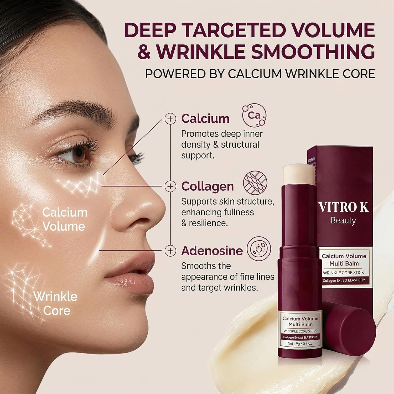 Vitro K Beauty Stick, Beauty Calcium Multi Balm Stick,Korean Skin Care Collagen Wrinkles Face Eye treatment Balm, for All Skin Types (1PCS)