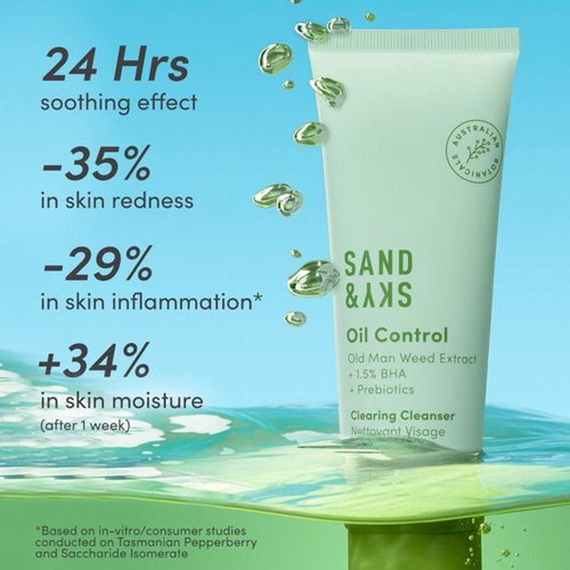 Sand & Sky Face Wash Acne Face Wash with Salicylic Acid - Oil Control Clearing Cleanser for Oily Skin, pH-Balanced Facial Cleanser with Prebiotics, Reduces Redness & Blemishes, Australian Skincare 4oz