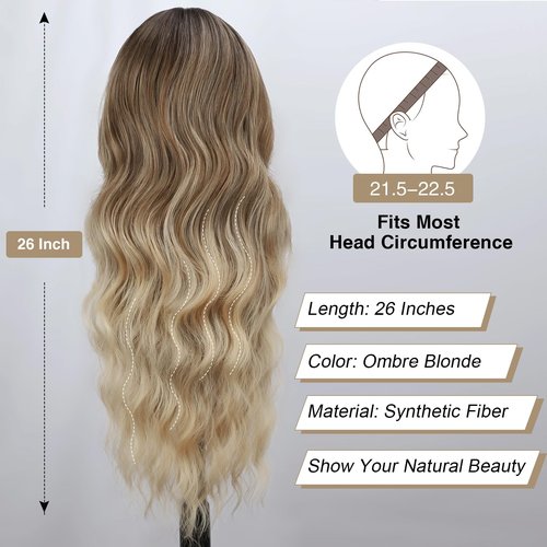BOGSEA Ombre Blonde Wig with Bangs Long Blonde Wig for Women 26 Inch Synthetic Heat Resistant Fiber Wigs for Daily Party