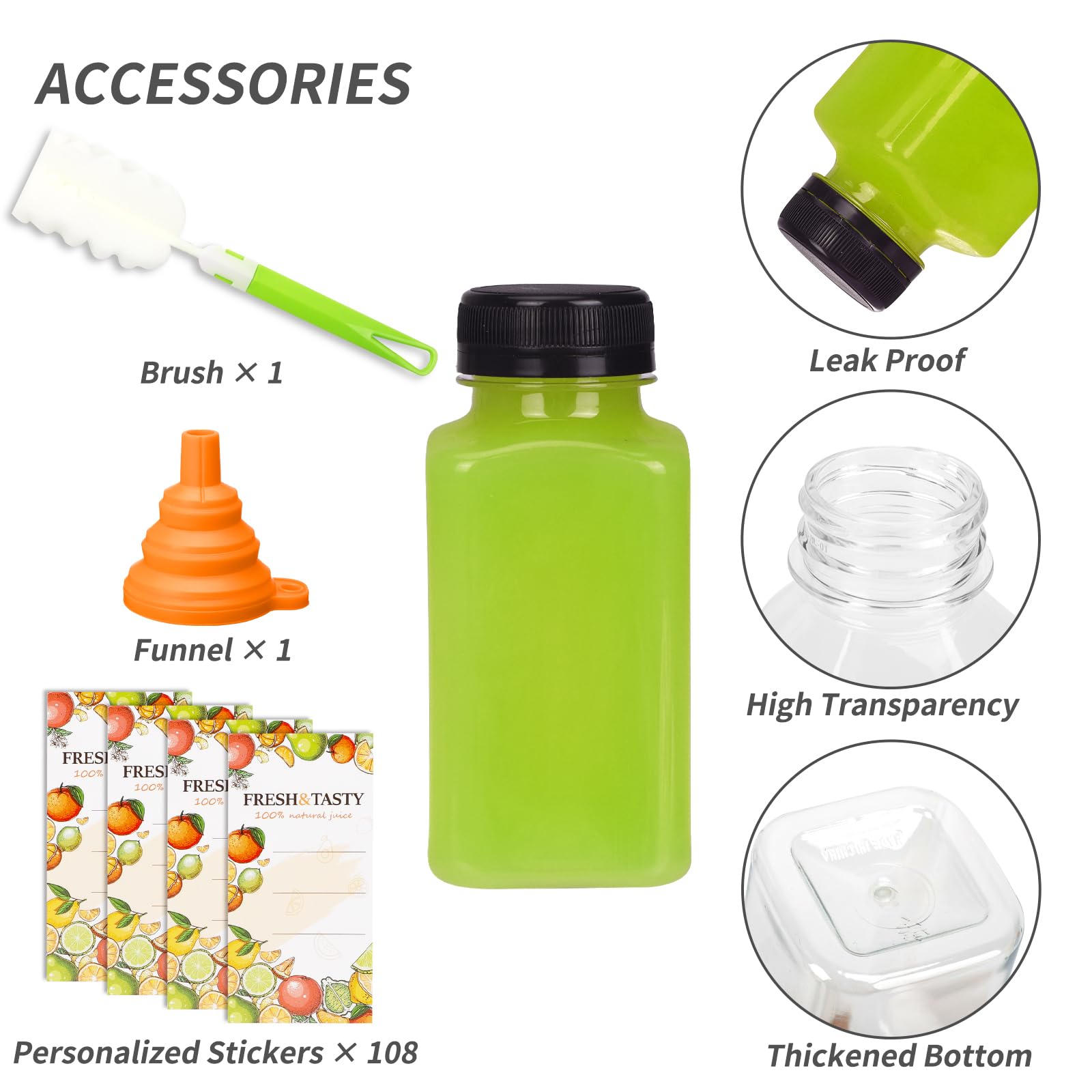 TOMNK 100pcs 8oz Empty Plastic Juice Bottles with Caps, Reusable Clear Bulk Beverage Containers with Label, Funnel and Brush for Juicing, Milk, Smoothie, Drinking, Beverages