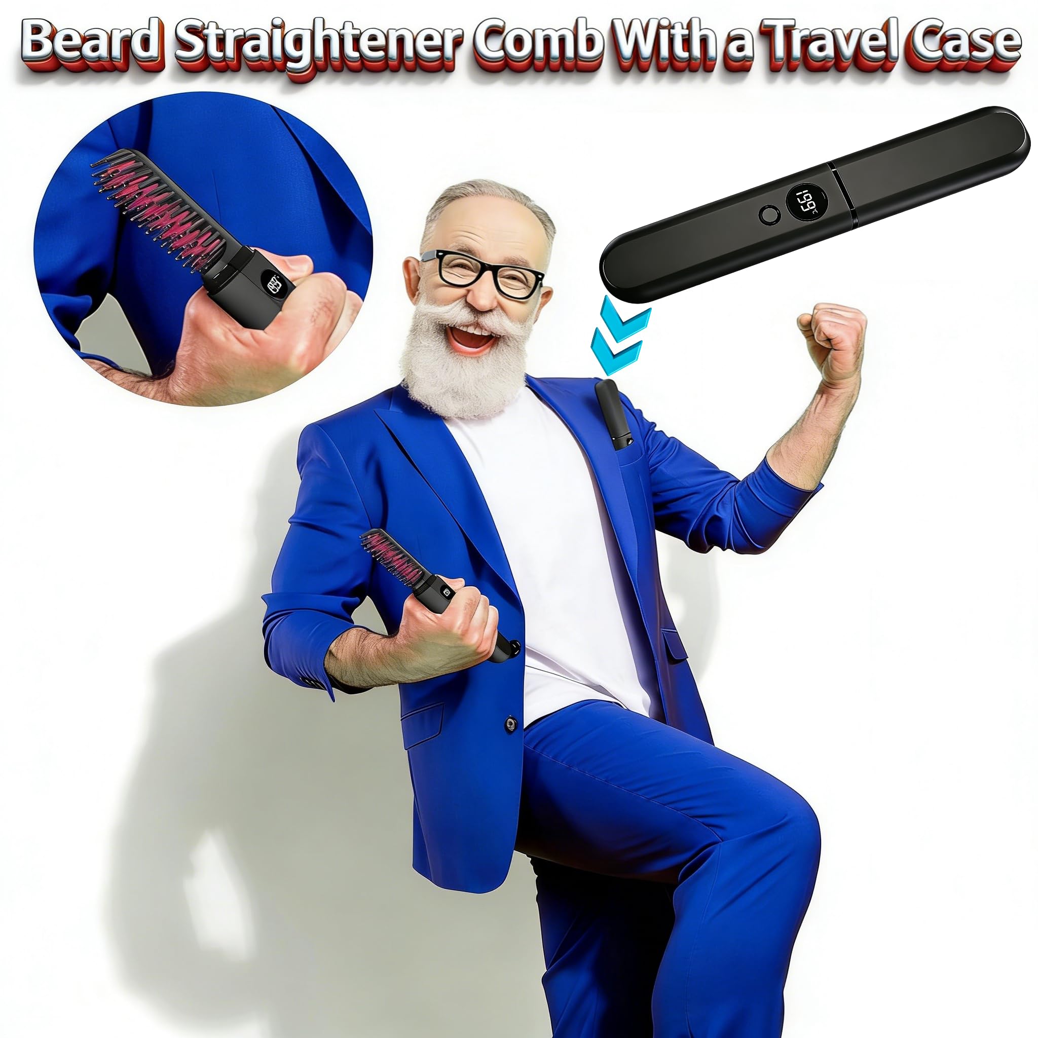 Beard Straightener for Men, Heated Beard Brush, Cordless Beard Hot Comb for Medium to Long Beards, with Travel Case, Rechargeable, 3 Temp Settings, Ionic Technology, Grooming Gift for Men(Black)
