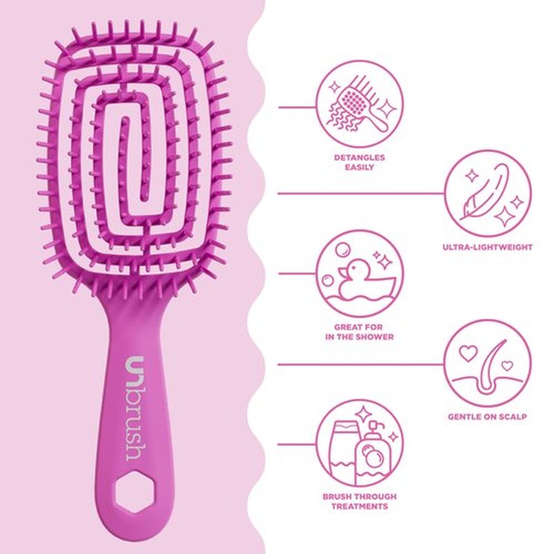 FHI Heat UNbrush Flex Detangling Brush — Ultra-Flexible, Pain-Free Hair Brush Detangler with DuoFlex Anti-Static Bristles for Removing Tangles, Massaging Scalp & Faster Styling - Pink