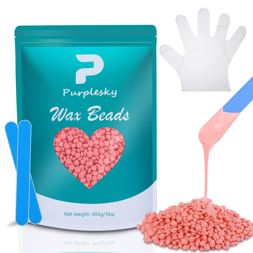 PURPESKY Hard Wax Beads, 2lbs Hard Wax Beans for Hair Removal, Brazilian Coarse Wax for Face, Leg, Bikini, Home Waxing Kit with Collapsible Bowl/Pot & Collapsible Bowl (Rose)