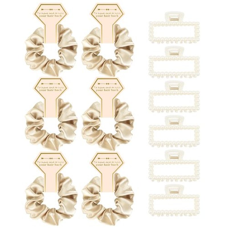 Bridesmaid Proposal Gifts, 12 PCS Bridesmaids Silk Hair Scrunchies & Pearl Hair Clips Set for Women Bachelorette Party Favors Bridal Shower Favors Bridesmaids Gifts for Wedding Day (Champagne Gold)