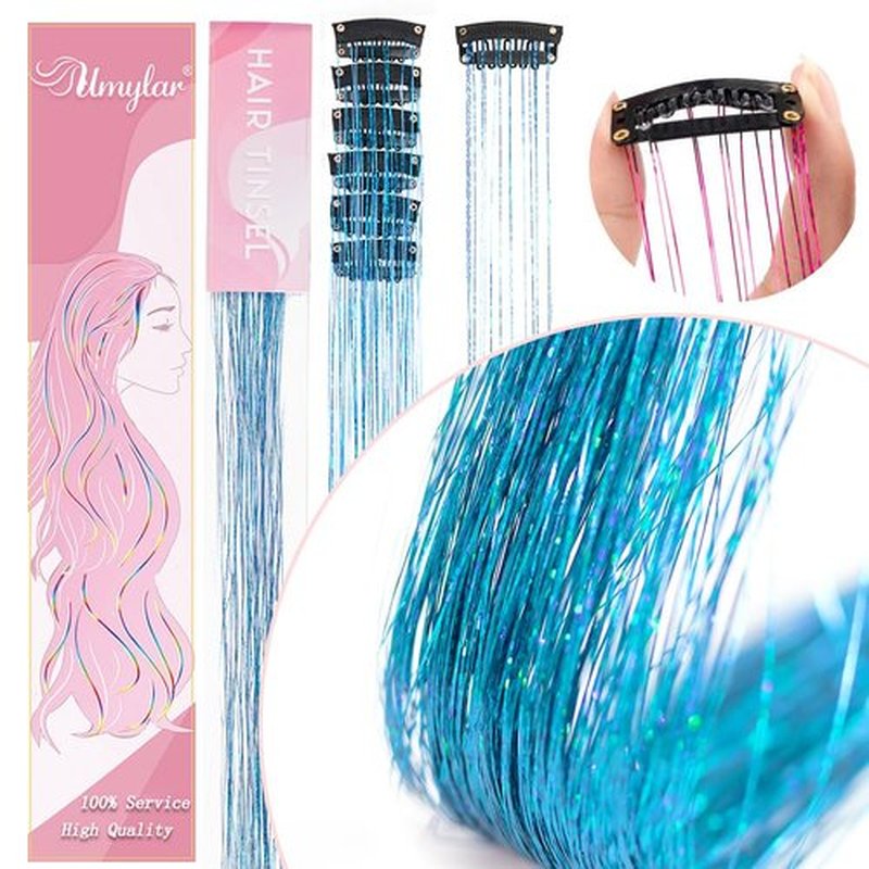 Sky Blue Fairy Hair Tinsel Kit Pack of 12 Pcs Clip in Hair Tinsel Kit 20 Inch Glitter Blue Tinsel Hair Extensions Festival Gift Tinsel Fairy Hair Extension Party Dazzle Hair (12Pcs,Sky Blue#)