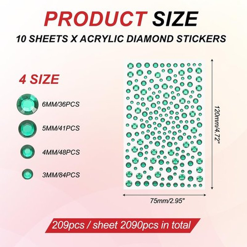 PATIKIL 2090 Pcs Acrylic Gem Sticker, 4 Size 3/4/5/6mm Self Adhesive Rhinestones Face Gem Stones Bling Jewelry for Nail Art Craft Clothes DIY Makeup Decoration Party, Dark Green