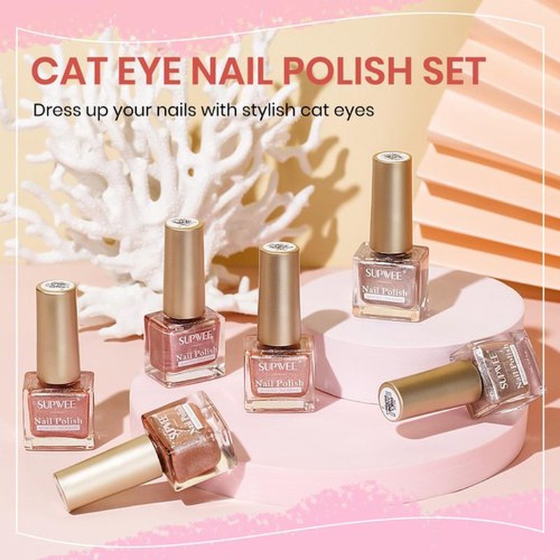 SUPWEE Cat Eye Nail Polish Non Gel, Magnetic Quick Dry Nail Polish Set Shimmer Glitter Nude Pink Natural Color Air Drying Fast Fingernail Lacquer High Glossy Manicure DIY Salon Gift for Women Girl