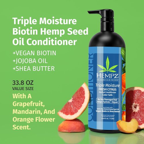 Hempz Biotin Conditioner - Triple Moisture Citrus Formula for Growth & Strength - 33.8 Fl Oz