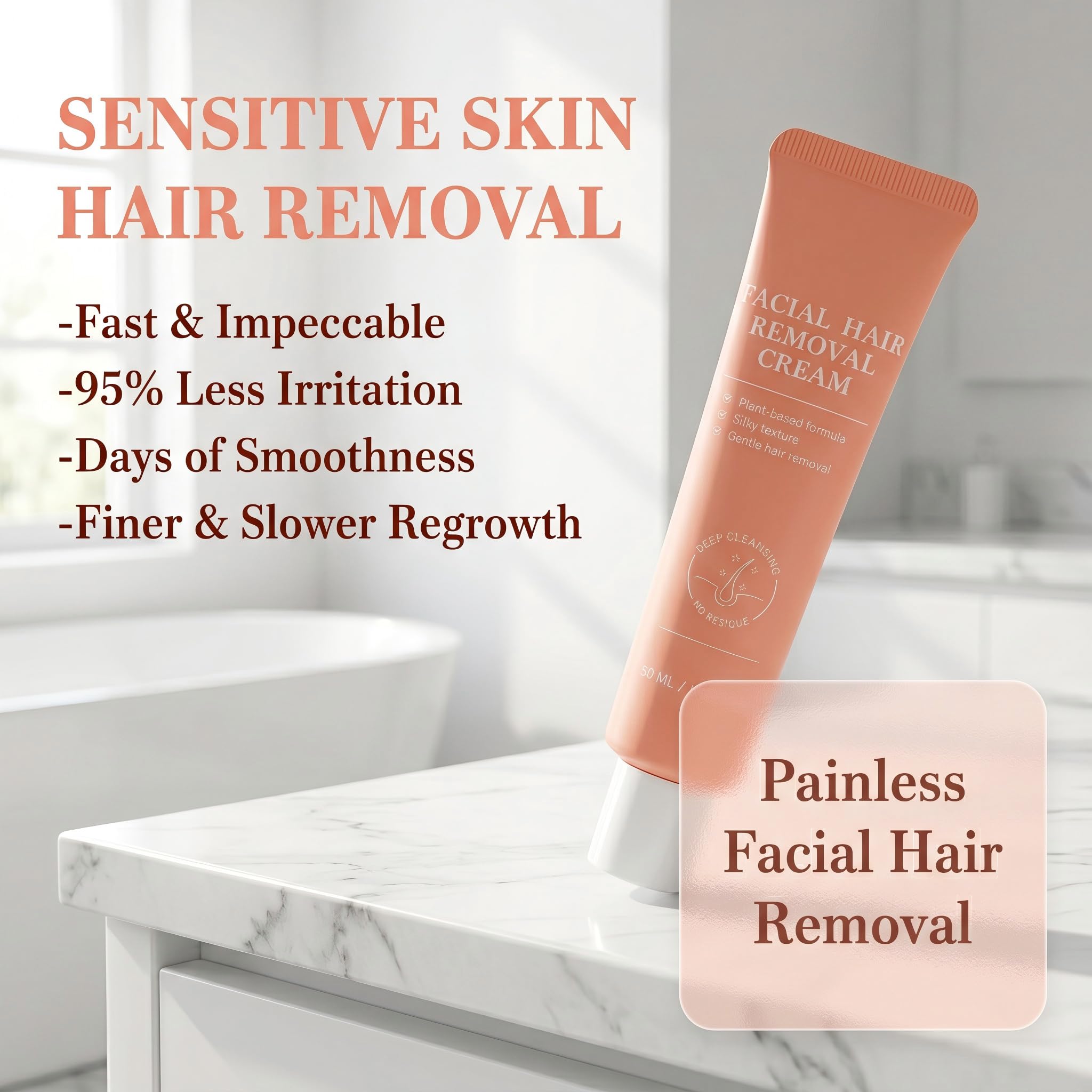 Female facial hair removal cream - painless and gentle hair removal cream for upper lip, chin, and face, containing spatula, 4-Minute At-Home Sensitive Skin Hair Remover, 2.37FI Oz.