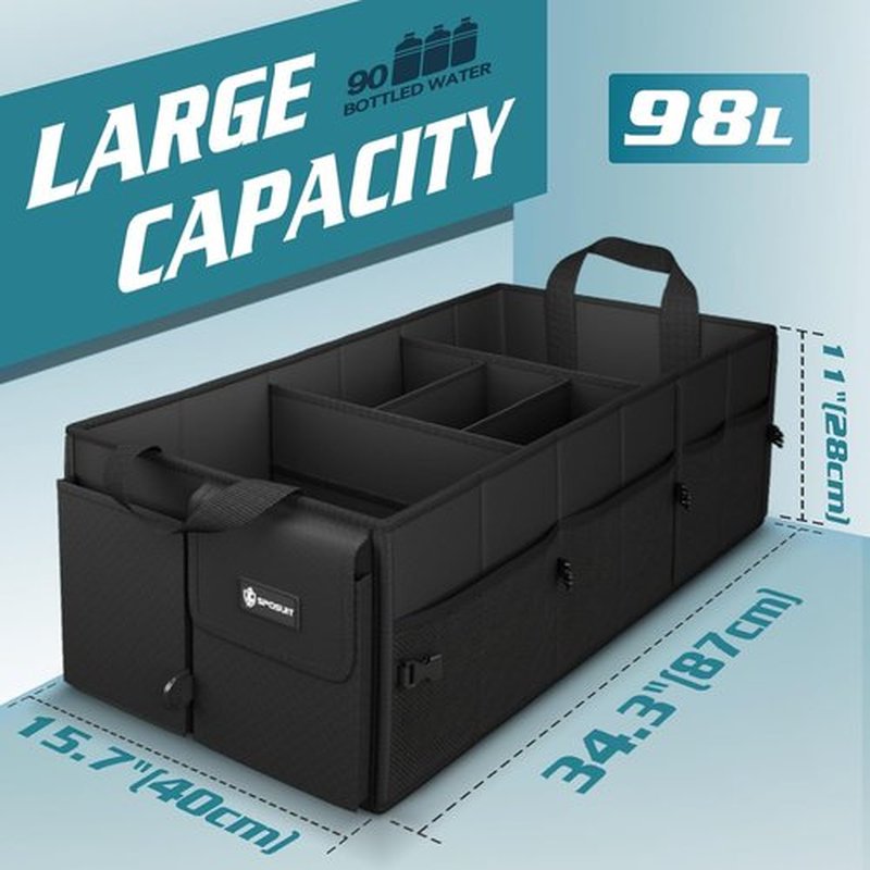 Sposuit Extra Large Trunk Organizer - 98L Collapsible Car Storage with Removable Dividers & Adjustable Straps