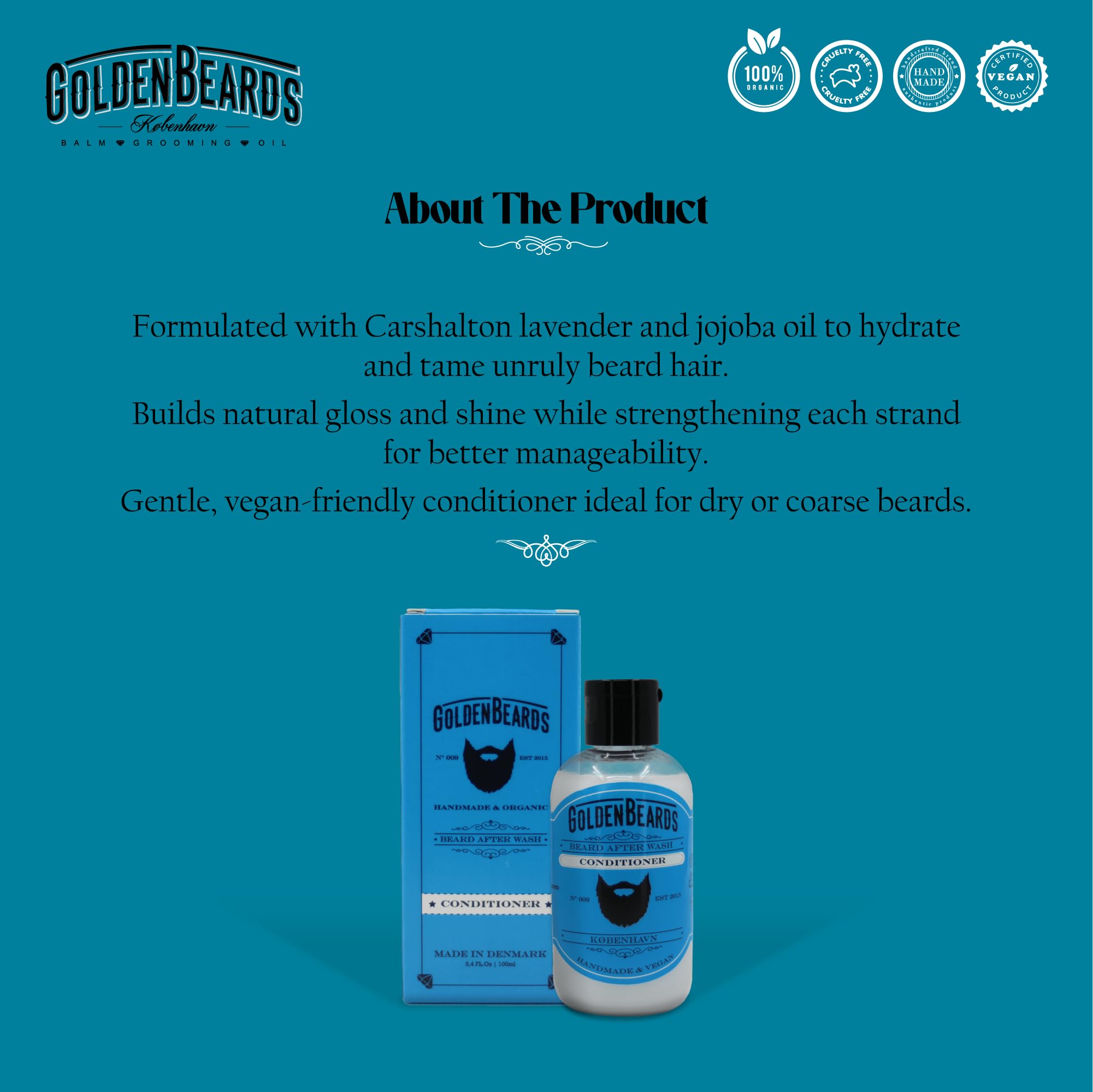 Golden Beards Beard Wash Set or single – Organic Beard Shampoo & Conditioner for Men, 100ml Each – Nourishing Jojoba & Oils with Carshalton Lavender Scent, Vegan & Handmade in Denmark (Conditioner)