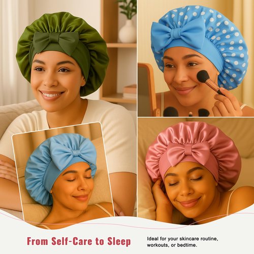 Satin Bonnet with Tie Band, Double Layer Adjustable Sleep Bonnet with Silk-Like Lining, Stay On Night Cap for Curly Hair, Braids & Natural Hair