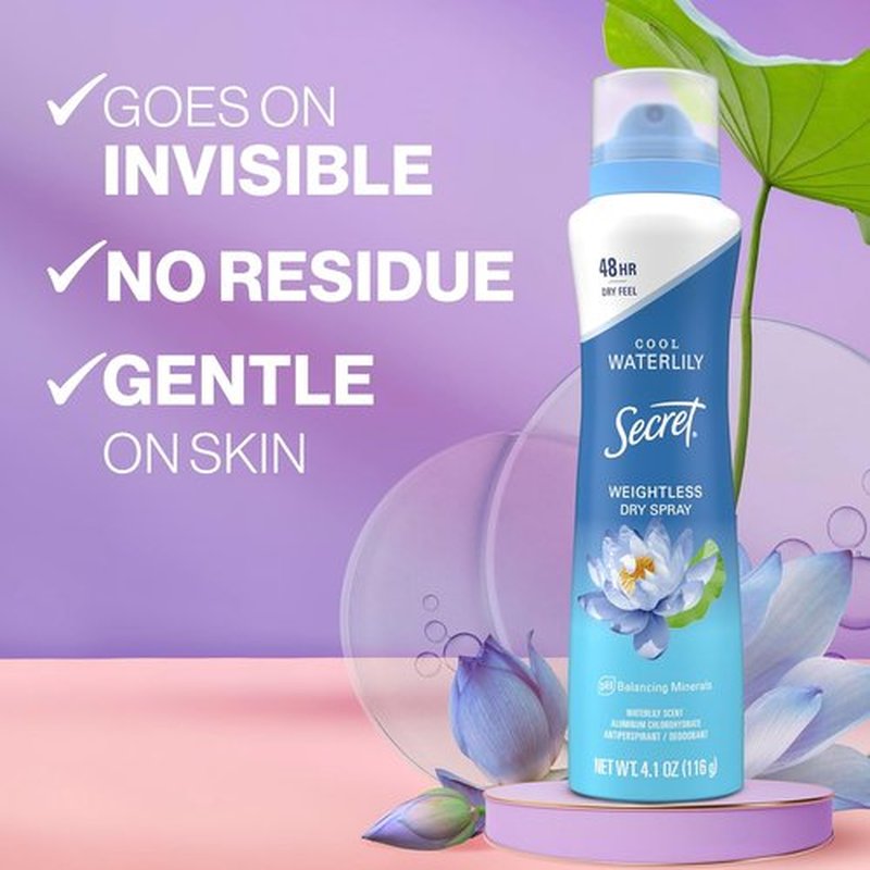 Secret Dry Spray Antiperspirant Deodorant - 48HR Weightless Sweat & Odor Protection | Waterlily & Argan Oil, 4.1 oz (Pack of 3)
