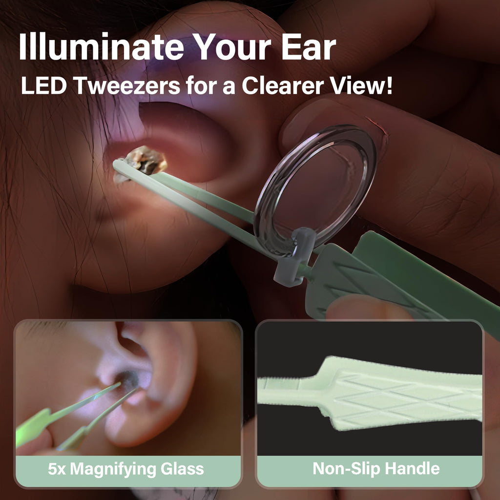 15 Pack Ear Wax Removal Tool Kit with Light - LED Ear Cleaning Kit, Ear Wax Removal for Kids and Adults, Ear Cleaning Tool, Ear Picker Spoon & Ear Tweezers & Spiral Spring Ear Spoon Green